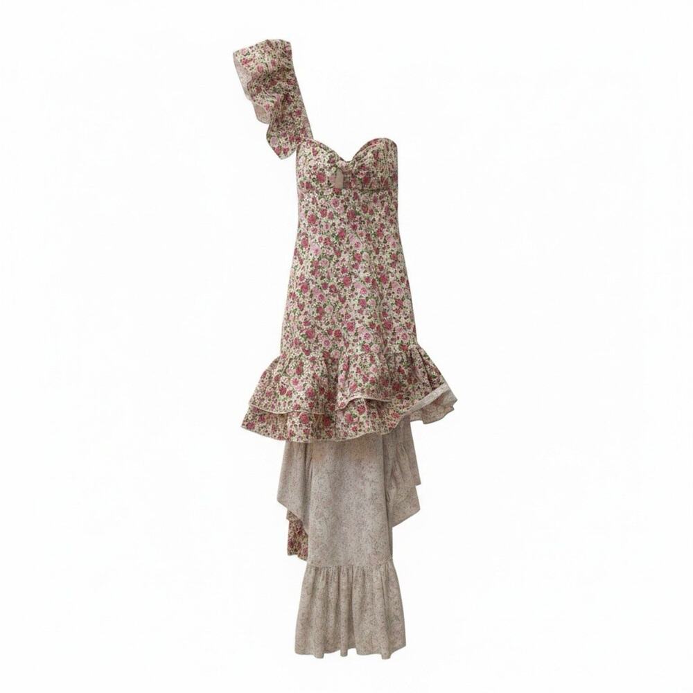 Vanessa Scott Pink Green White Floral Hi-Low One Shoulder Ruffle Dress S